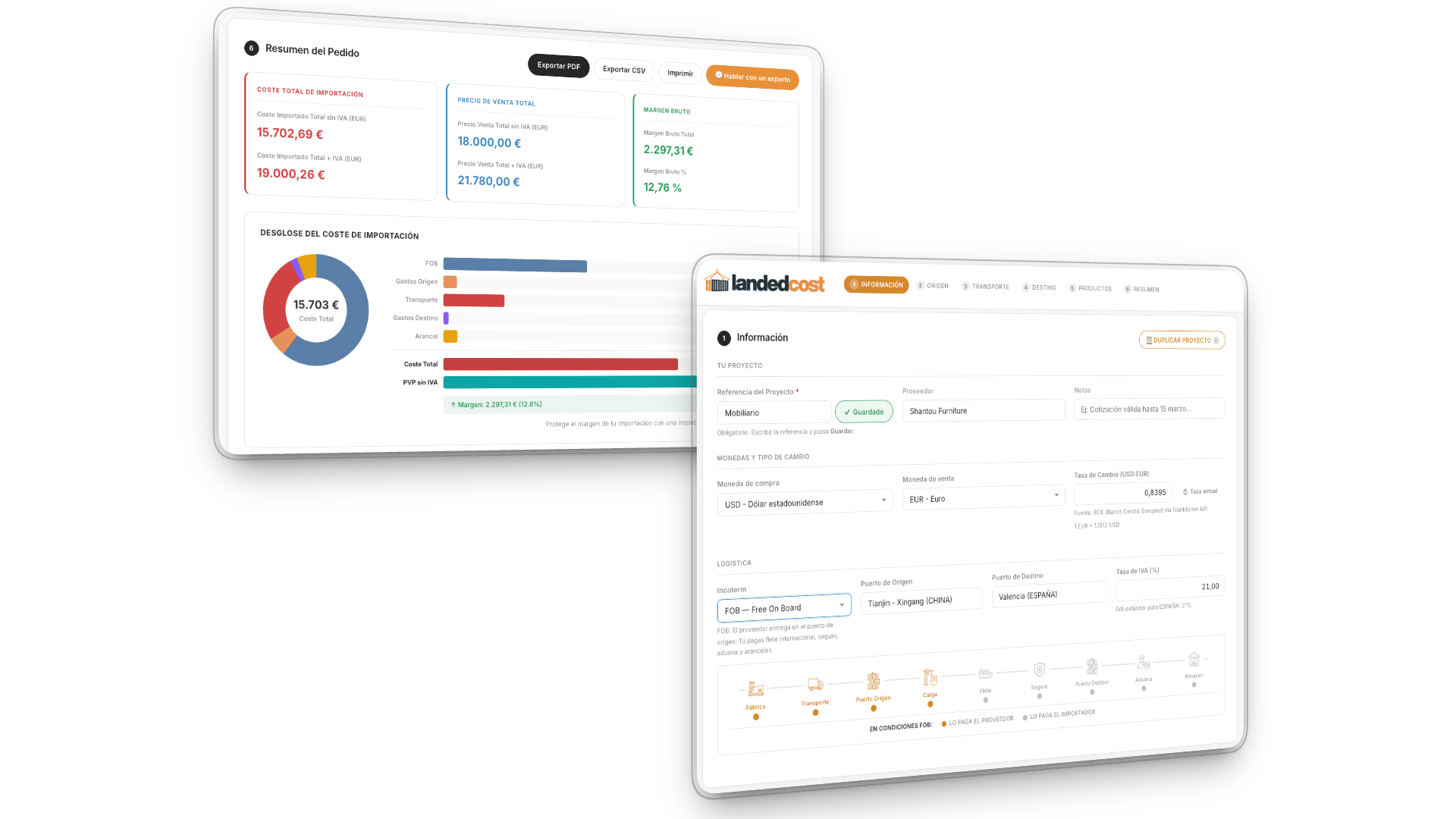 Vista previa de la calculadora LandedCost — configuración del proyecto y resumen con desglose de costes